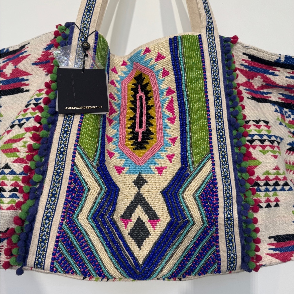America & Beyond Hand Beaded Boho Tote Bag NWT Tribal Pom Pom Large Weekender - Picture 5 of 16